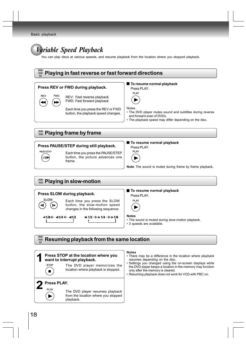 Variable speed playback, Playing in fast reverse or fast forward directions, Playing in slow-motion | Toshiba SD-890KY User Manual | Page 18 / 40
