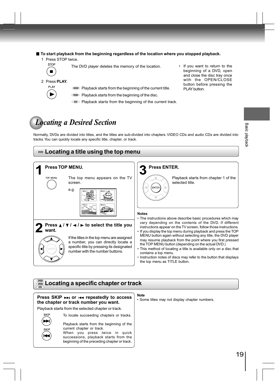 Locating a specific chapter or track, Locating a title using the top menu | Toshiba SD-890KY User Manual | Page 19 / 40