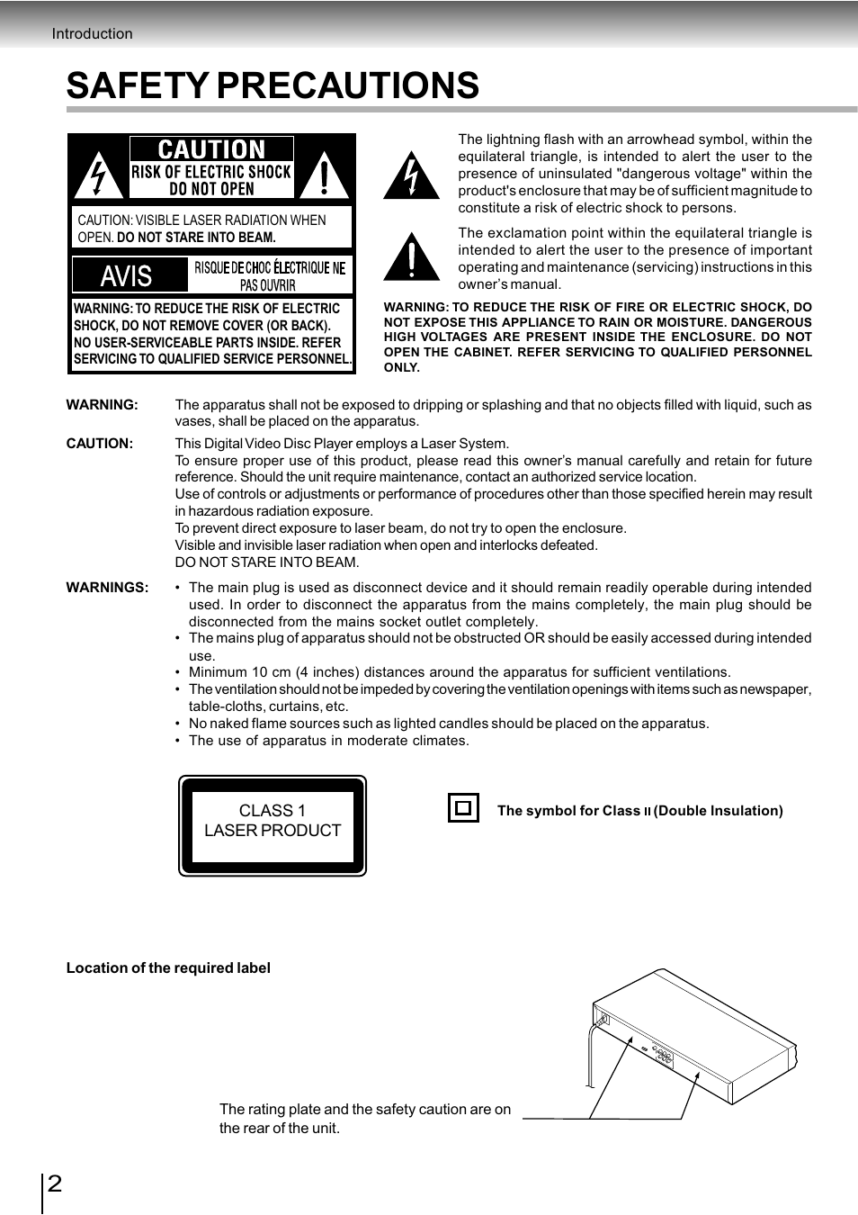 Safety precautions, Avis | Toshiba SD-890KY User Manual | Page 2 / 40