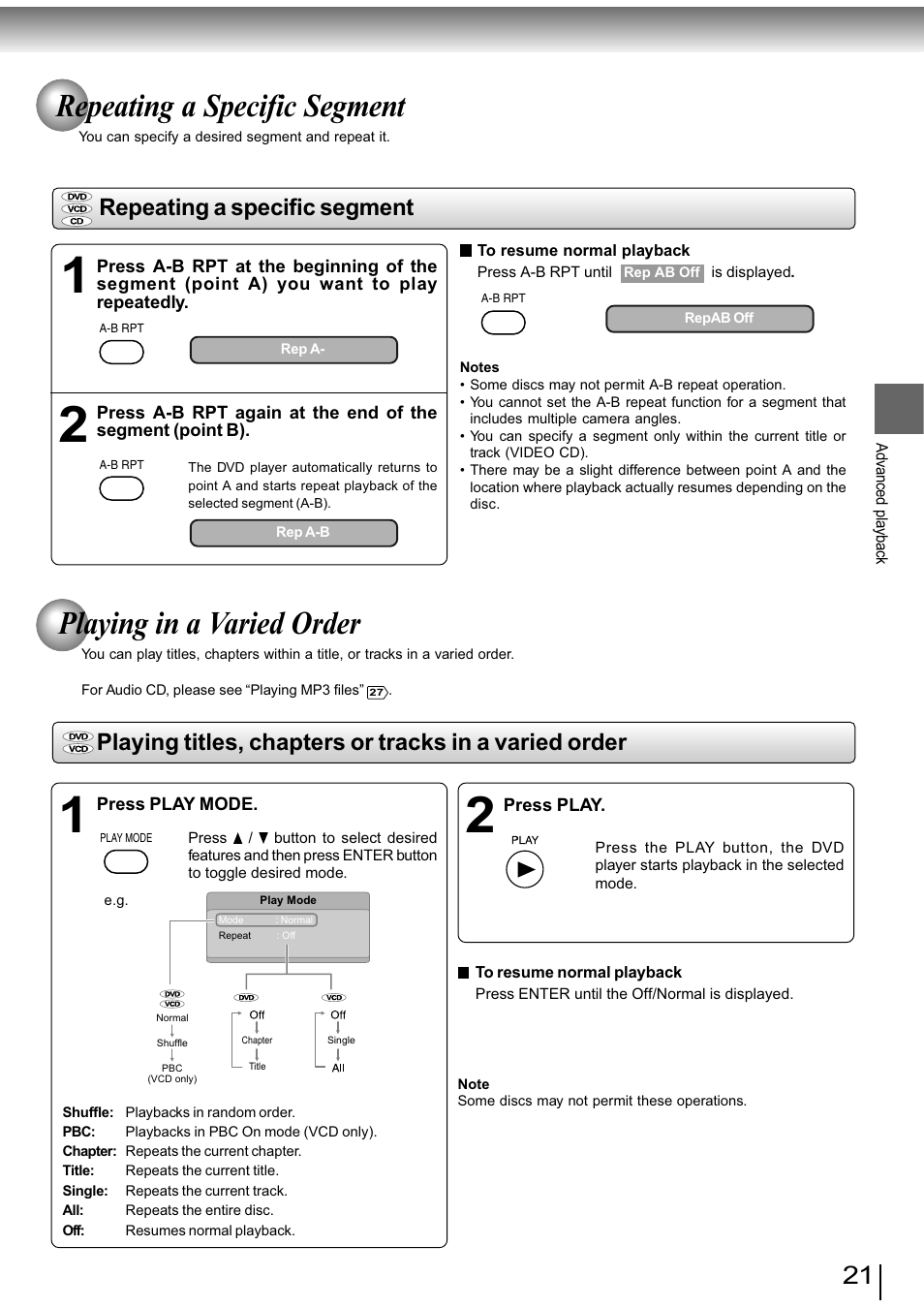 Repeating a specific segment, Playing in a varied order | Toshiba SD-890KY User Manual | Page 21 / 40