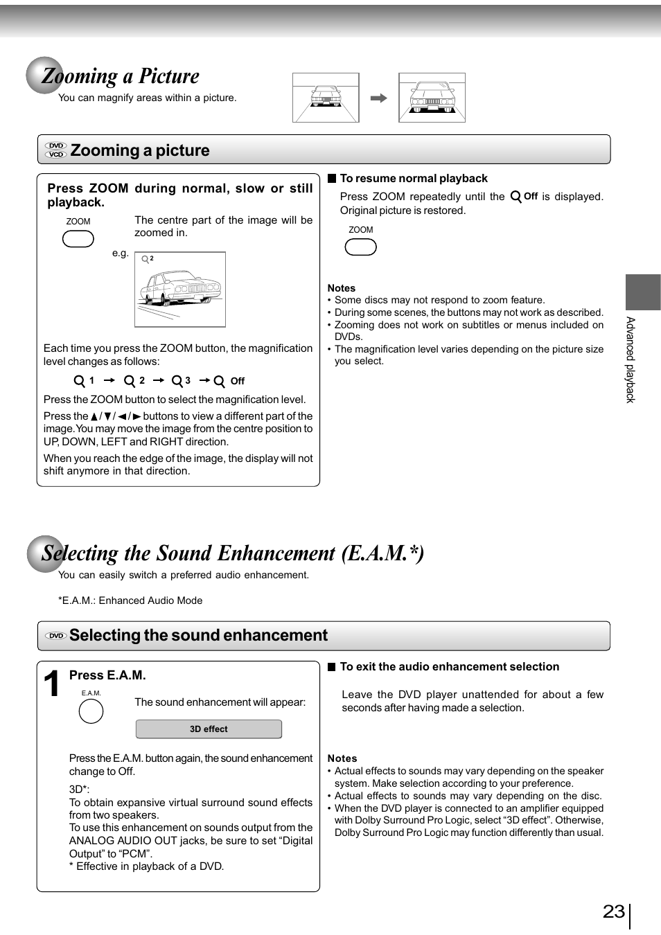 Zooming a picture, Selecting the sound enhancement (e.a.m.*), Selecting the sound enhancement | Toshiba SD-890KY User Manual | Page 23 / 40