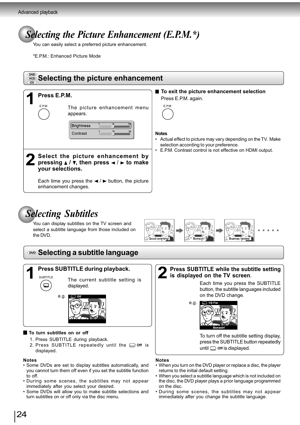 Selecting the picture enhancement (e.p.m.*), Selecting subtitles, Selecting the picture enhancement | Selecting a subtitle language | Toshiba SD-890KY User Manual | Page 24 / 40