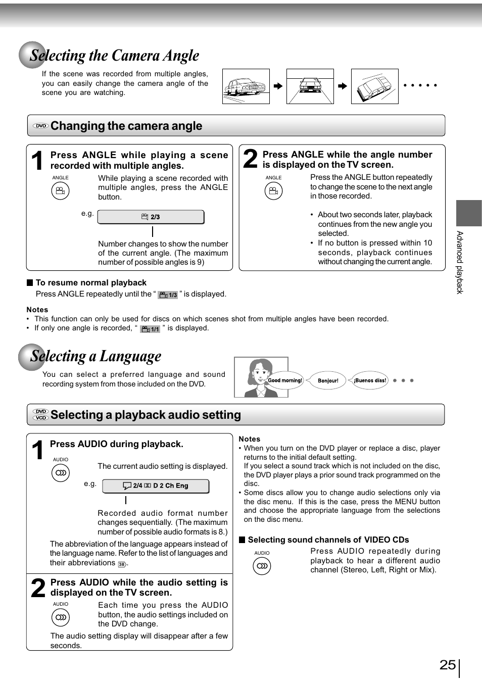 Selecting the camera angle, Selecting a language, Changing the camera angle | Selecting a playback audio setting | Toshiba SD-890KY User Manual | Page 25 / 40