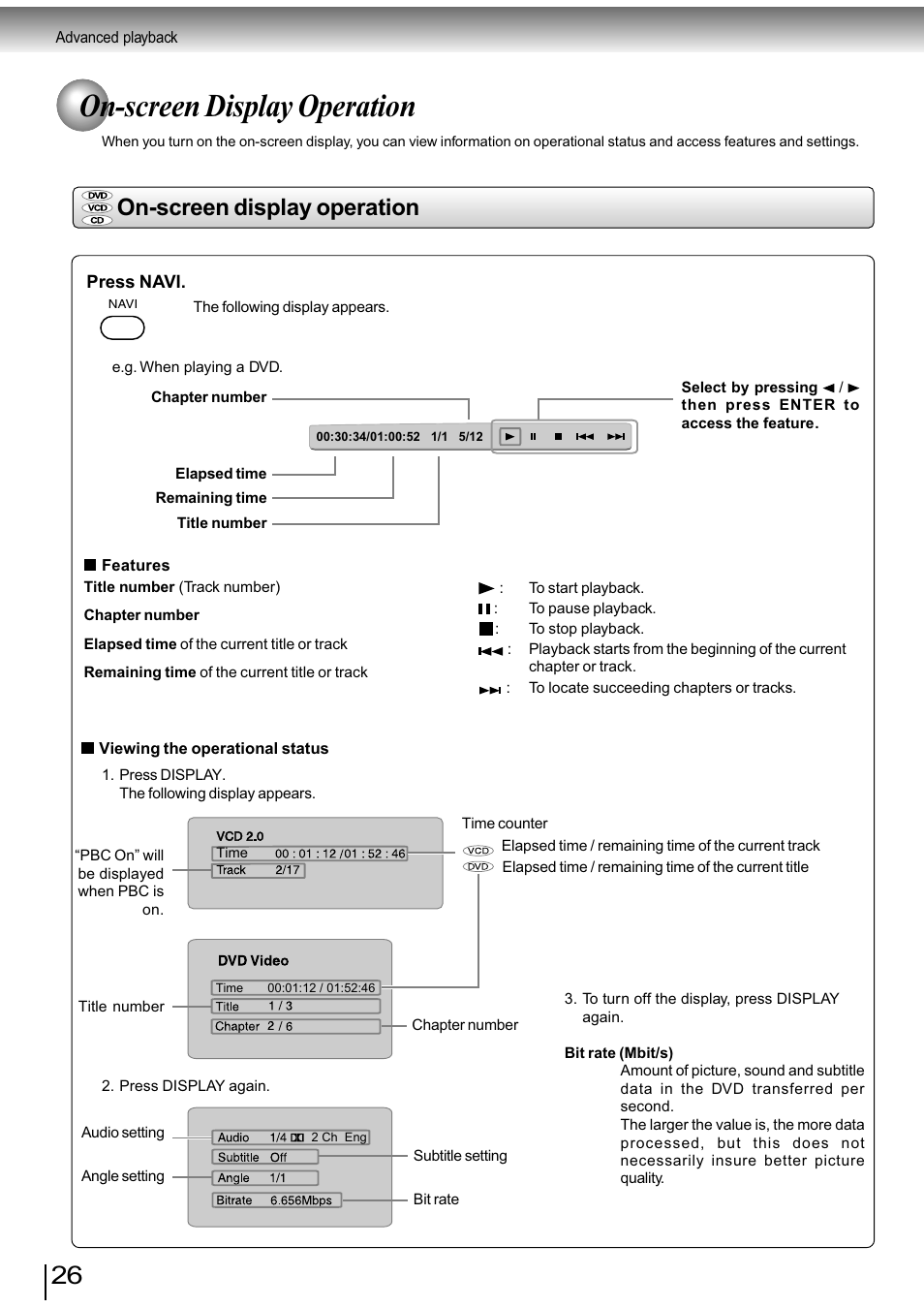 On-screen display operation | Toshiba SD-890KY User Manual | Page 26 / 40