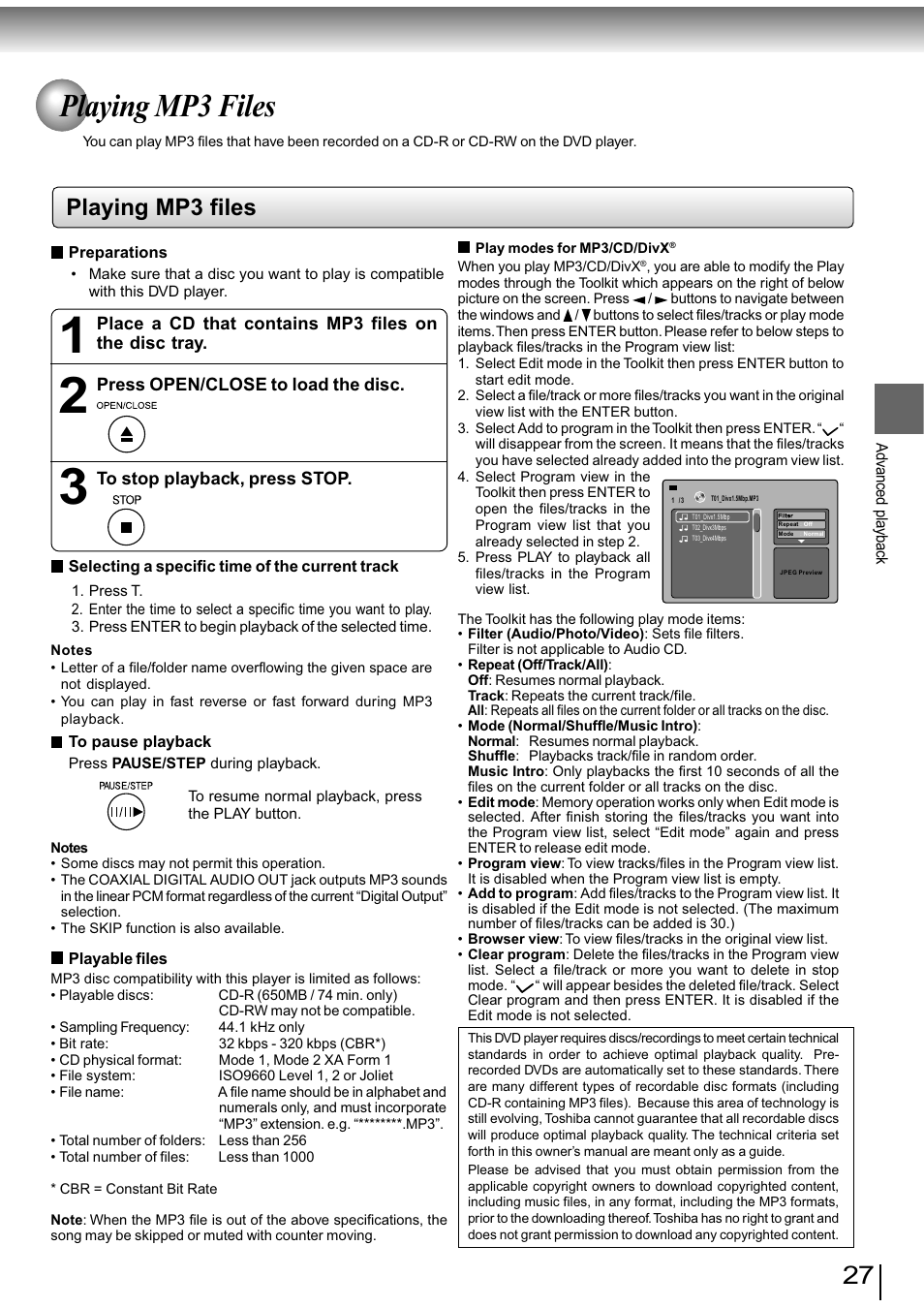 Playing mp3 files | Toshiba SD-890KY User Manual | Page 27 / 40