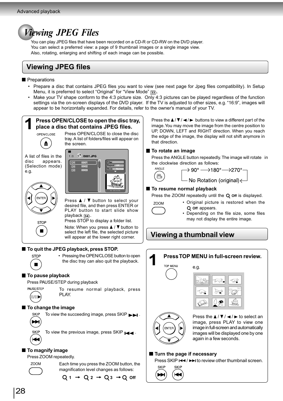 Viewing jpeg files, Viewing a thumbnail view | Toshiba SD-890KY User Manual | Page 28 / 40