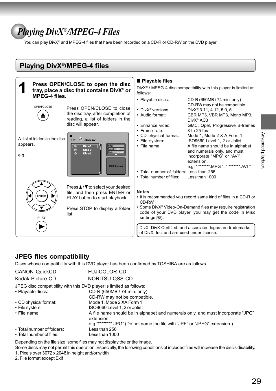 Playing divx, Mpeg-4 files, Jpeg files compatibility | Toshiba SD-890KY User Manual | Page 29 / 40
