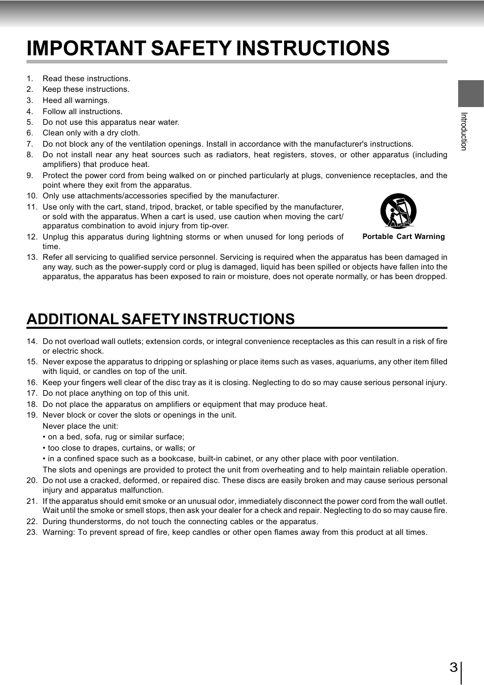 Important safety instructions, Additional safety instructions | Toshiba SD-890KY User Manual | Page 3 / 40