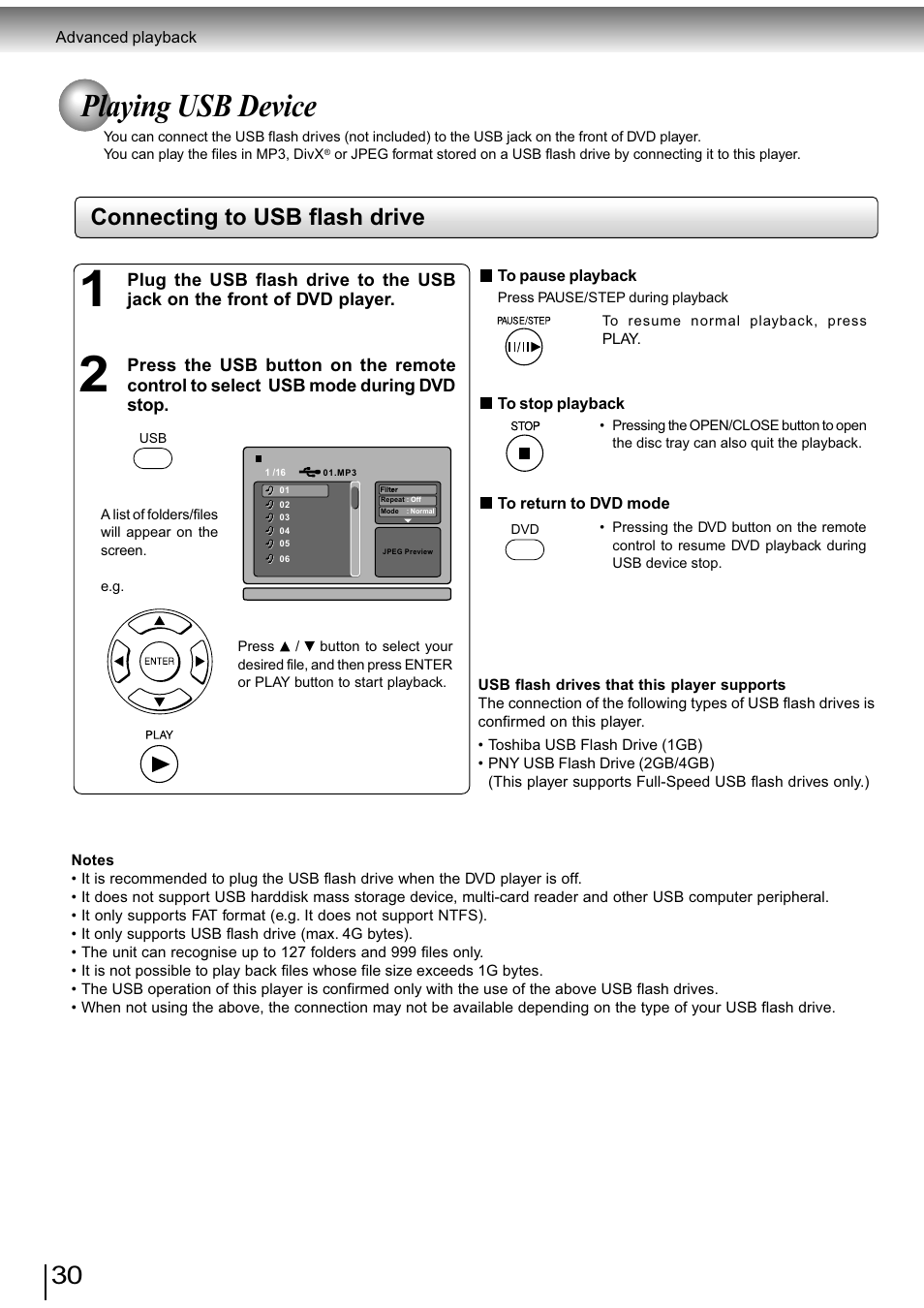 Playing usb device, Connecting to usb flash drive | Toshiba SD-890KY User Manual | Page 30 / 40