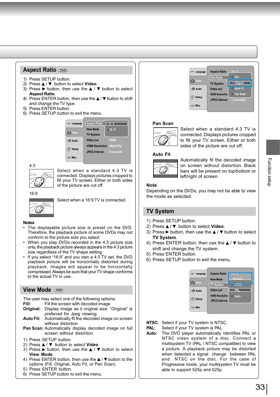 Aspect ratio, View mode, Tv system | Toshiba SD-890KY User Manual | Page 33 / 40