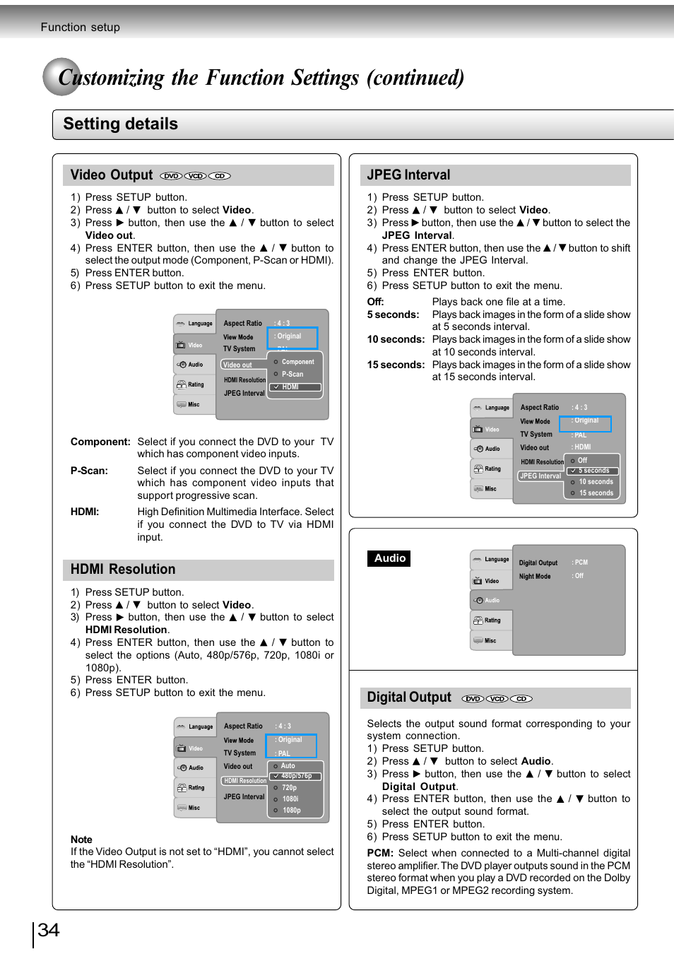 Customizing the function settings (continued), Setting details, Video output | Jpeg interval, Hdmi resolution, Digital output | Toshiba SD-890KY User Manual | Page 34 / 40