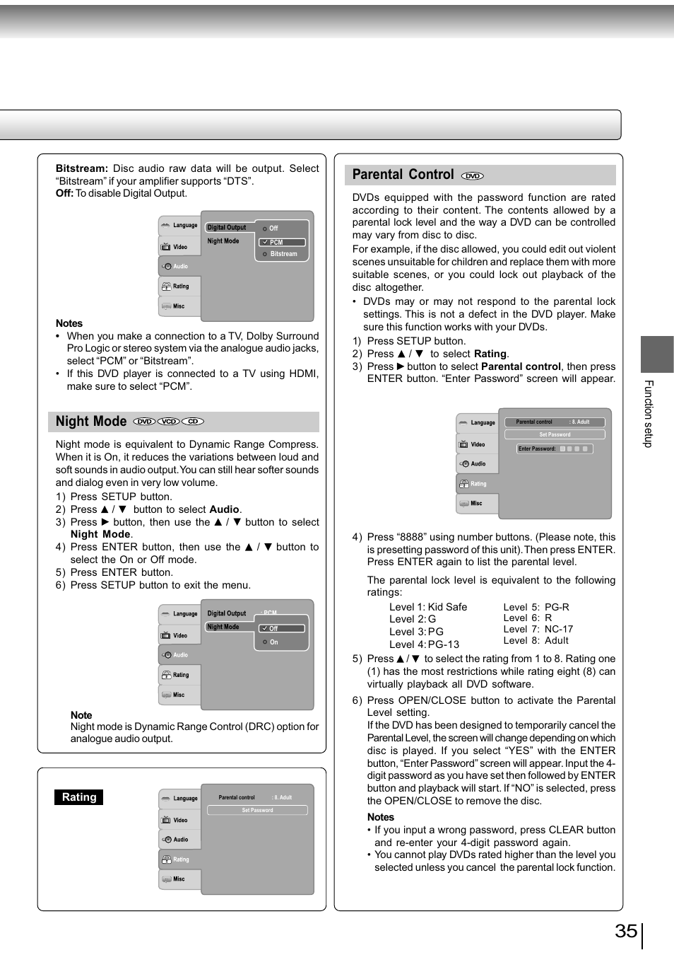 Parental control, Night mode | Toshiba SD-890KY User Manual | Page 35 / 40