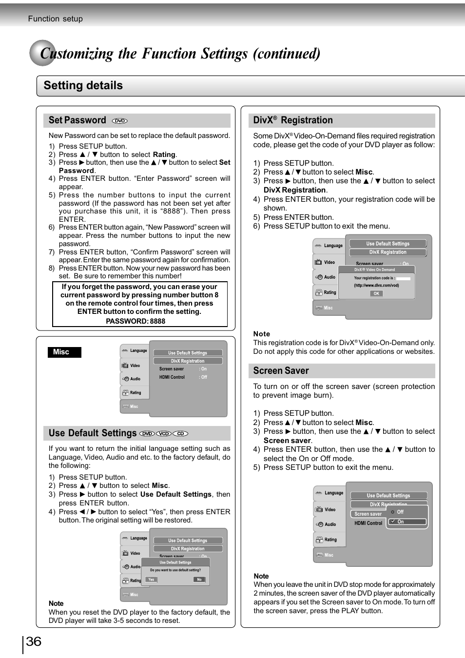 Customizing the function settings (continued), Setting details, Set password | Divx, Registration, Screen saver, Use default settings | Toshiba SD-890KY User Manual | Page 36 / 40