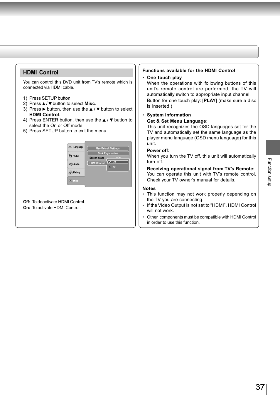 Hdmi control | Toshiba SD-890KY User Manual | Page 37 / 40