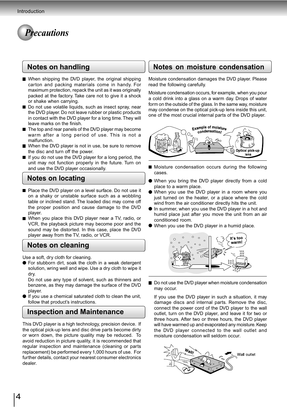 Precautions, Inspection and maintenance | Toshiba SD-890KY User Manual | Page 4 / 40