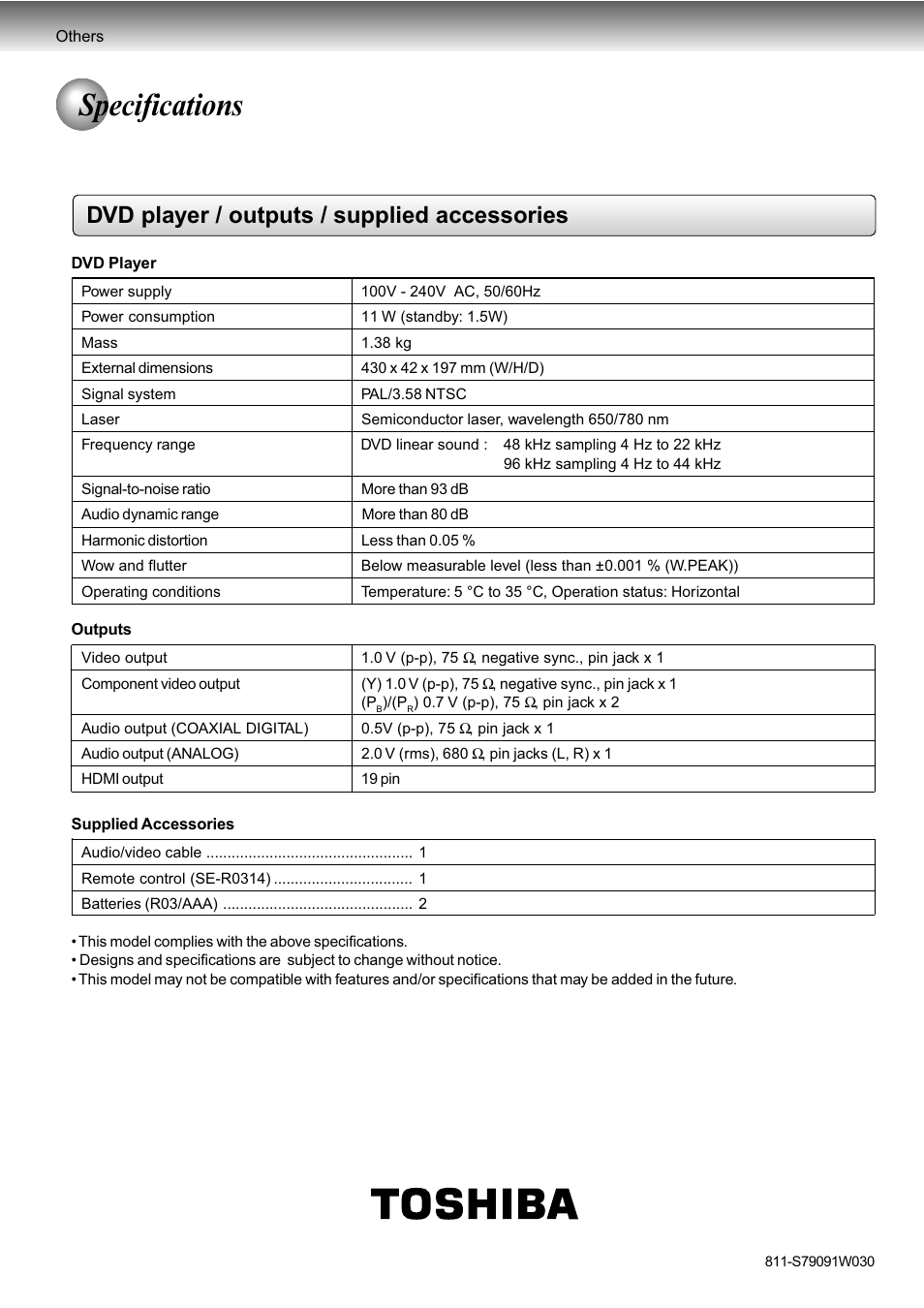 Specifications, Dvd player / outputs / supplied accessories | Toshiba SD-890KY User Manual | Page 40 / 40