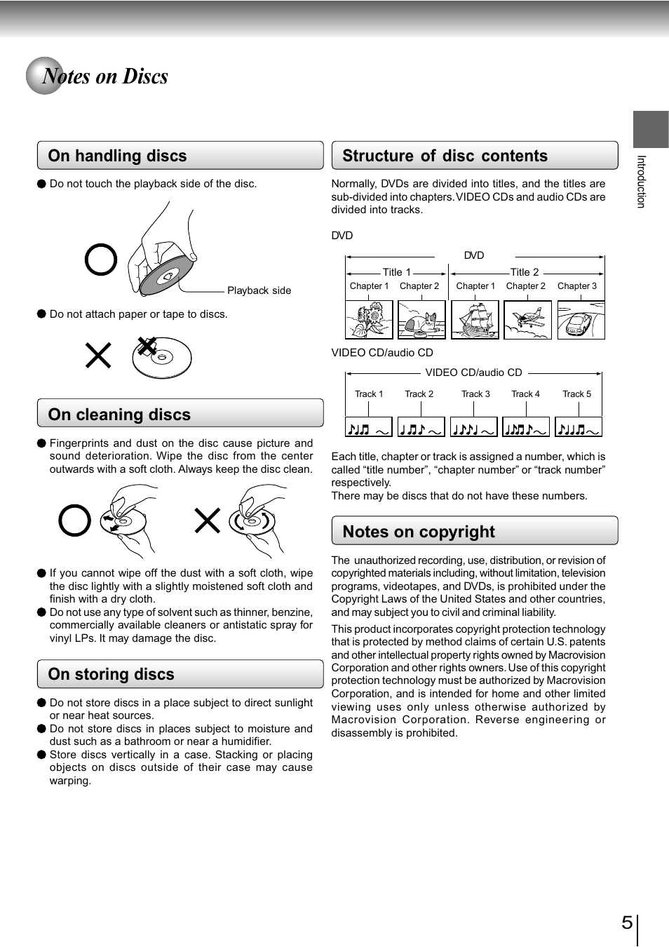 Structure of disc contents, On handling discs, On cleaning discs | On storing discs | Toshiba SD-890KY User Manual | Page 5 / 40