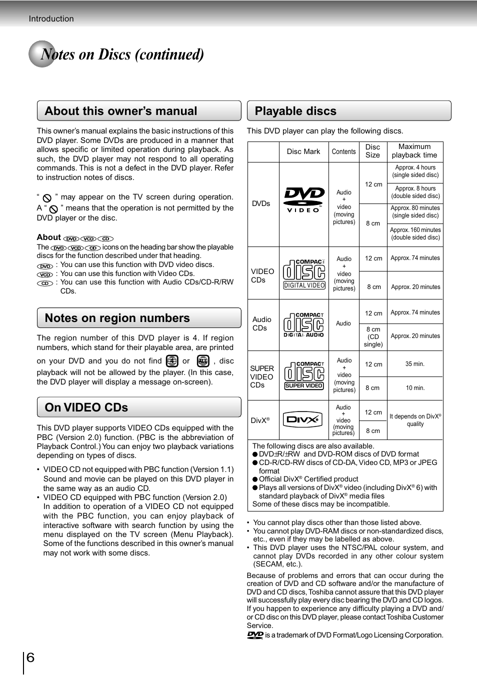 About this owner’s manual, On video cds, Playable discs | Toshiba SD-890KY User Manual | Page 6 / 40