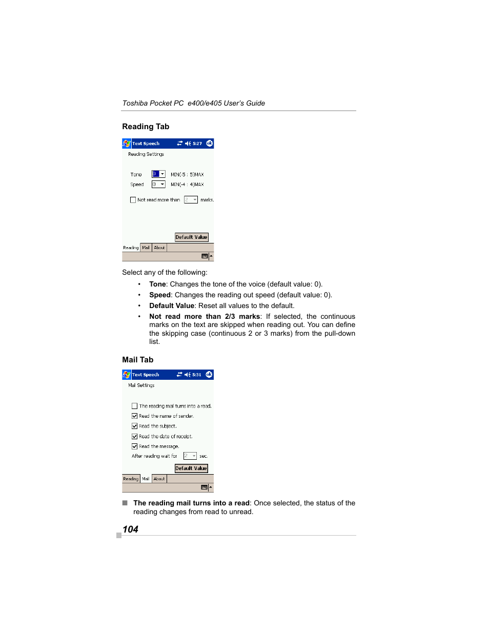 Reading tab, Mail tab | Toshiba e405 User Manual | Page 104 / 118