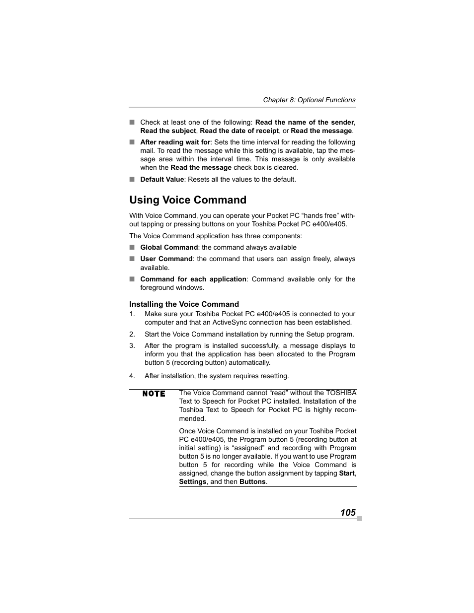 Using voice command, Installing the voice command | Toshiba e405 User Manual | Page 105 / 118