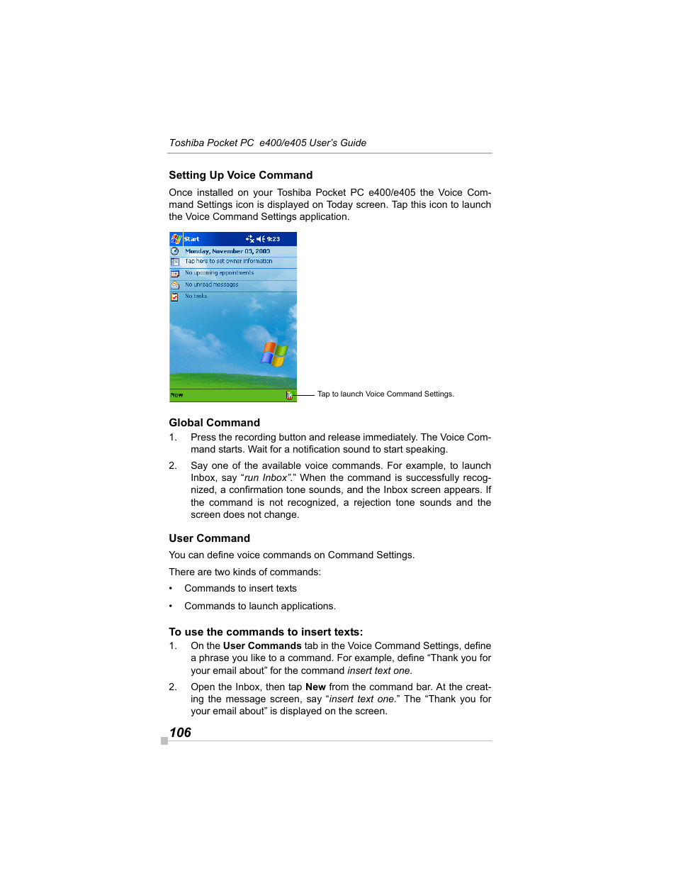 Setting up voice command, Global command, User command | To use the commands to insert texts | Toshiba e405 User Manual | Page 106 / 118