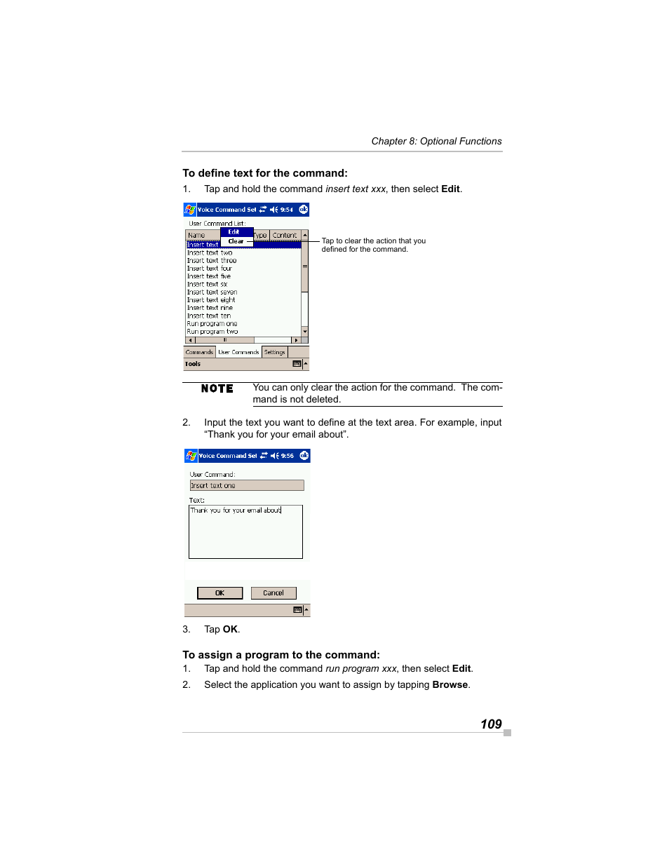 To define text for the command, To assign a program to the command | Toshiba e405 User Manual | Page 109 / 118