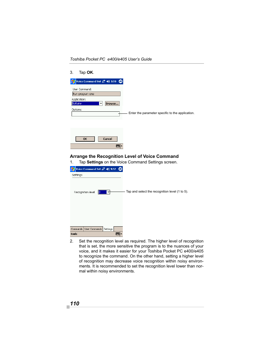 Arrange the recognition level of voice command | Toshiba e405 User Manual | Page 110 / 118