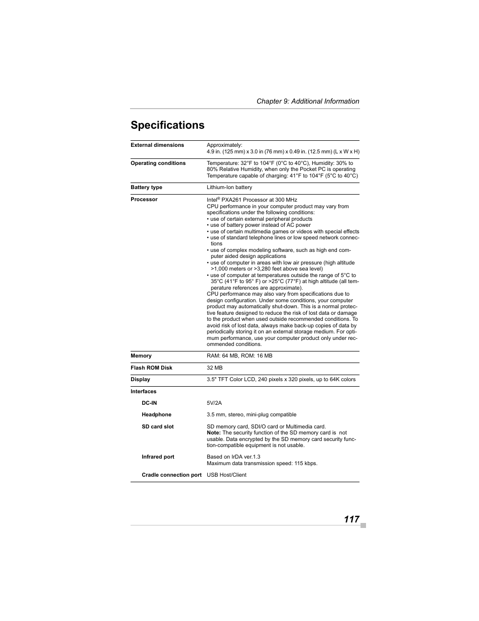 Specifications, Chapter 9: additional information | Toshiba e405 User Manual | Page 117 / 118