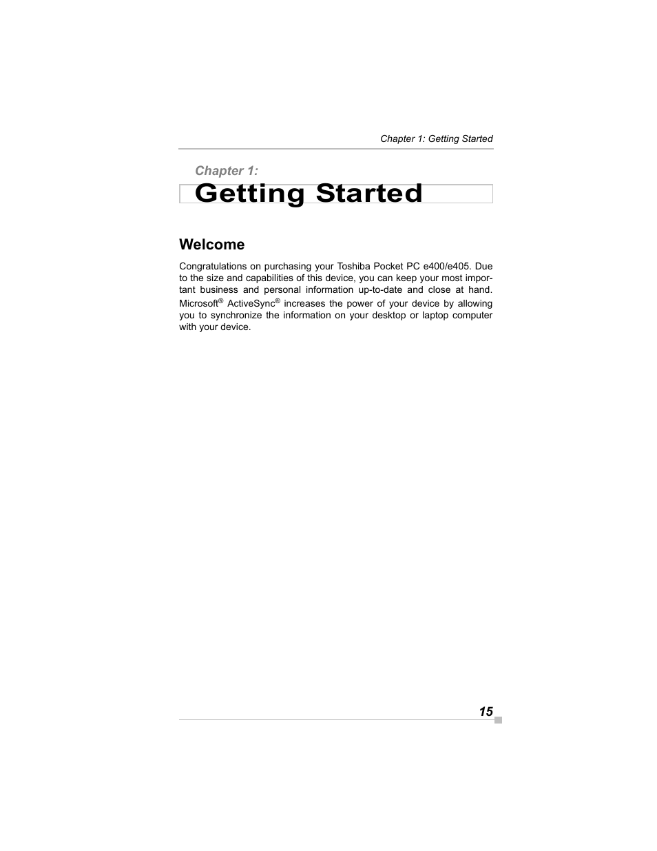 Chapter 1: getting started, Welcome, Getting started | Toshiba e405 User Manual | Page 15 / 118