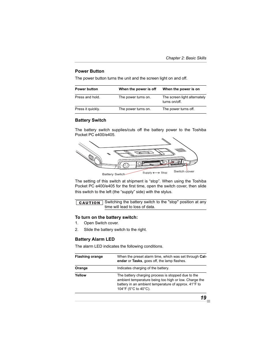 Power button, Battery switch, To turn on the battery switch | Battery alarm led | Toshiba e405 User Manual | Page 19 / 118