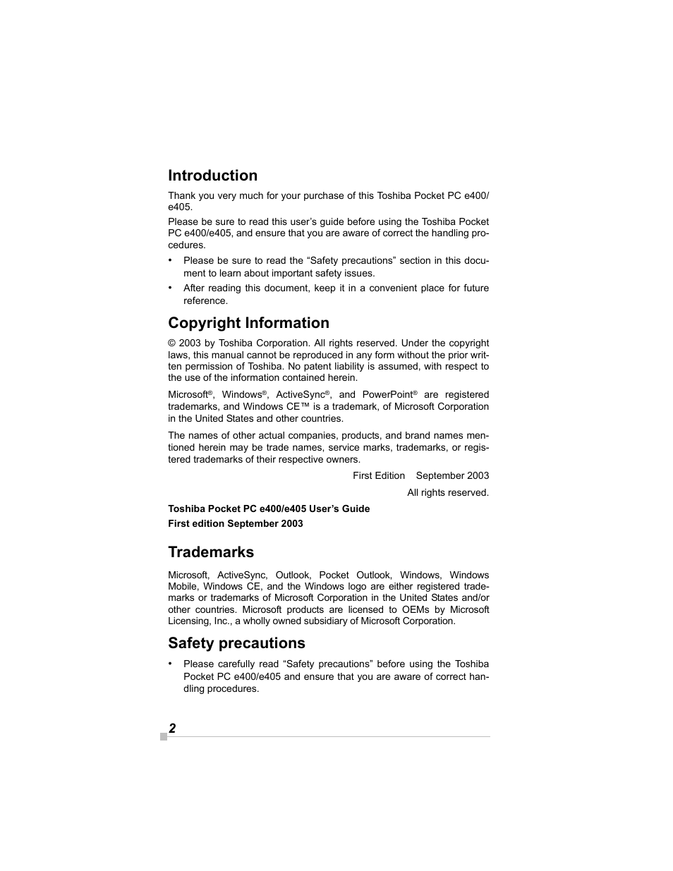 Introduction, Copyright information, Trademarks | Safety precautions | Toshiba e405 User Manual | Page 2 / 118