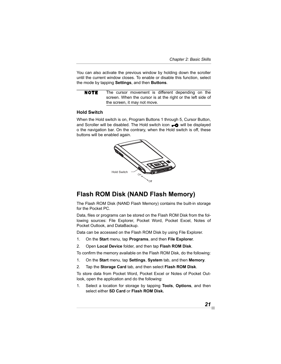 Hold switch, Flash rom disk (nand flash memory) | Toshiba e405 User Manual | Page 21 / 118