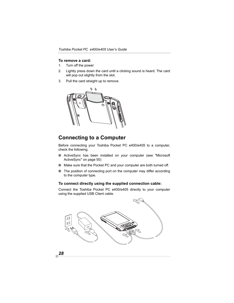 To remove a card, Connecting to a computer | Toshiba e405 User Manual | Page 28 / 118
