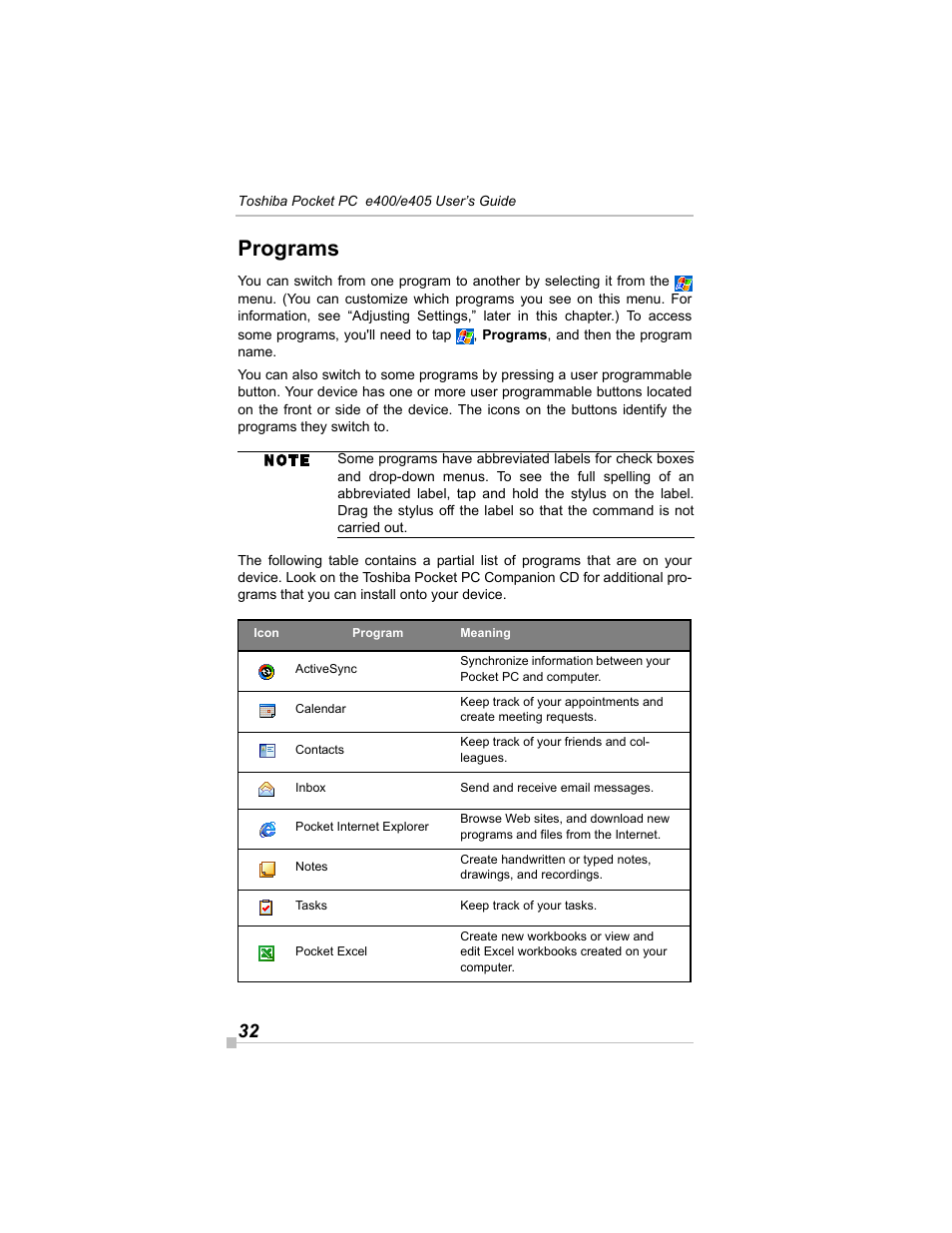 Programs | Toshiba e405 User Manual | Page 32 / 118