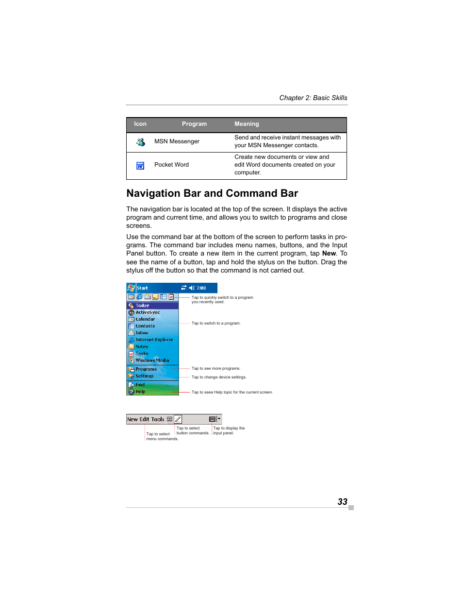 Navigation bar and command bar | Toshiba e405 User Manual | Page 33 / 118