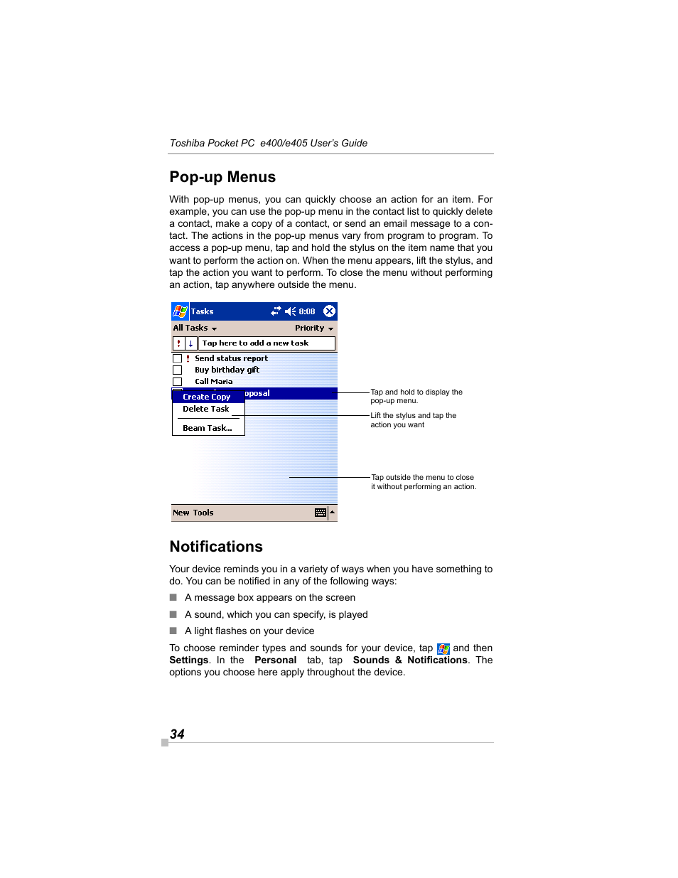 Pop-up menus, Notifications | Toshiba e405 User Manual | Page 34 / 118