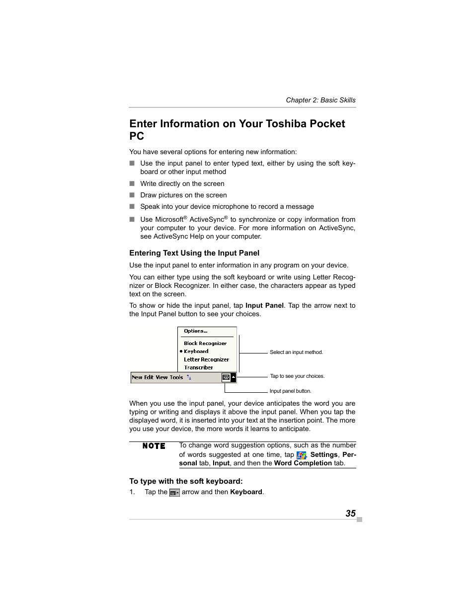 Enter information on your toshiba pocket pc, Entering text using the input panel, To type with the soft keyboard | Toshiba e405 User Manual | Page 35 / 118