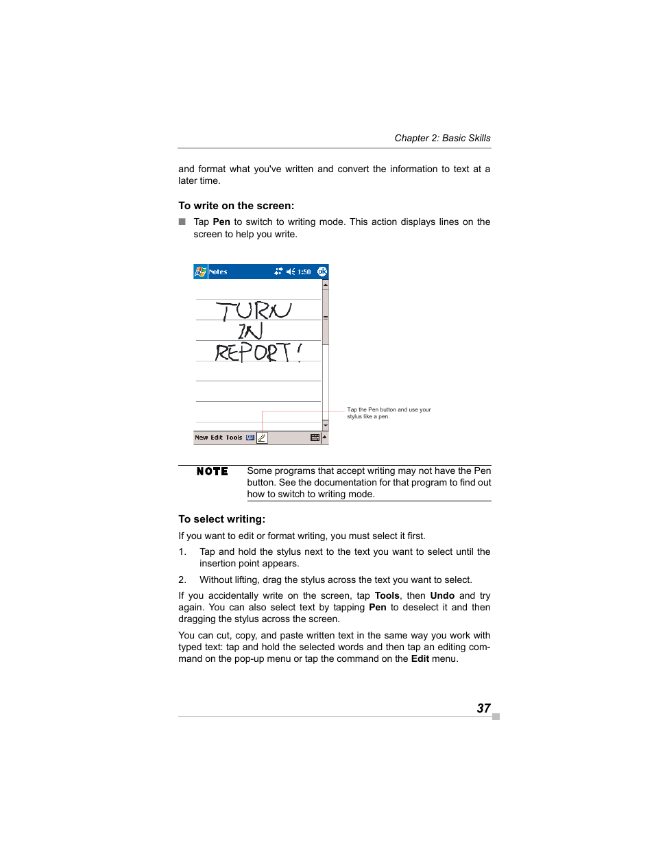To write on the screen, To select writing | Toshiba e405 User Manual | Page 37 / 118