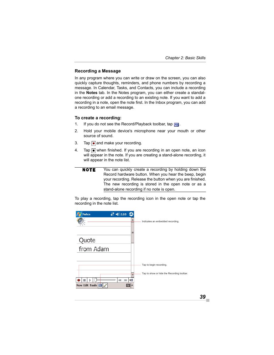 Recording a message, To create a recording | Toshiba e405 User Manual | Page 39 / 118