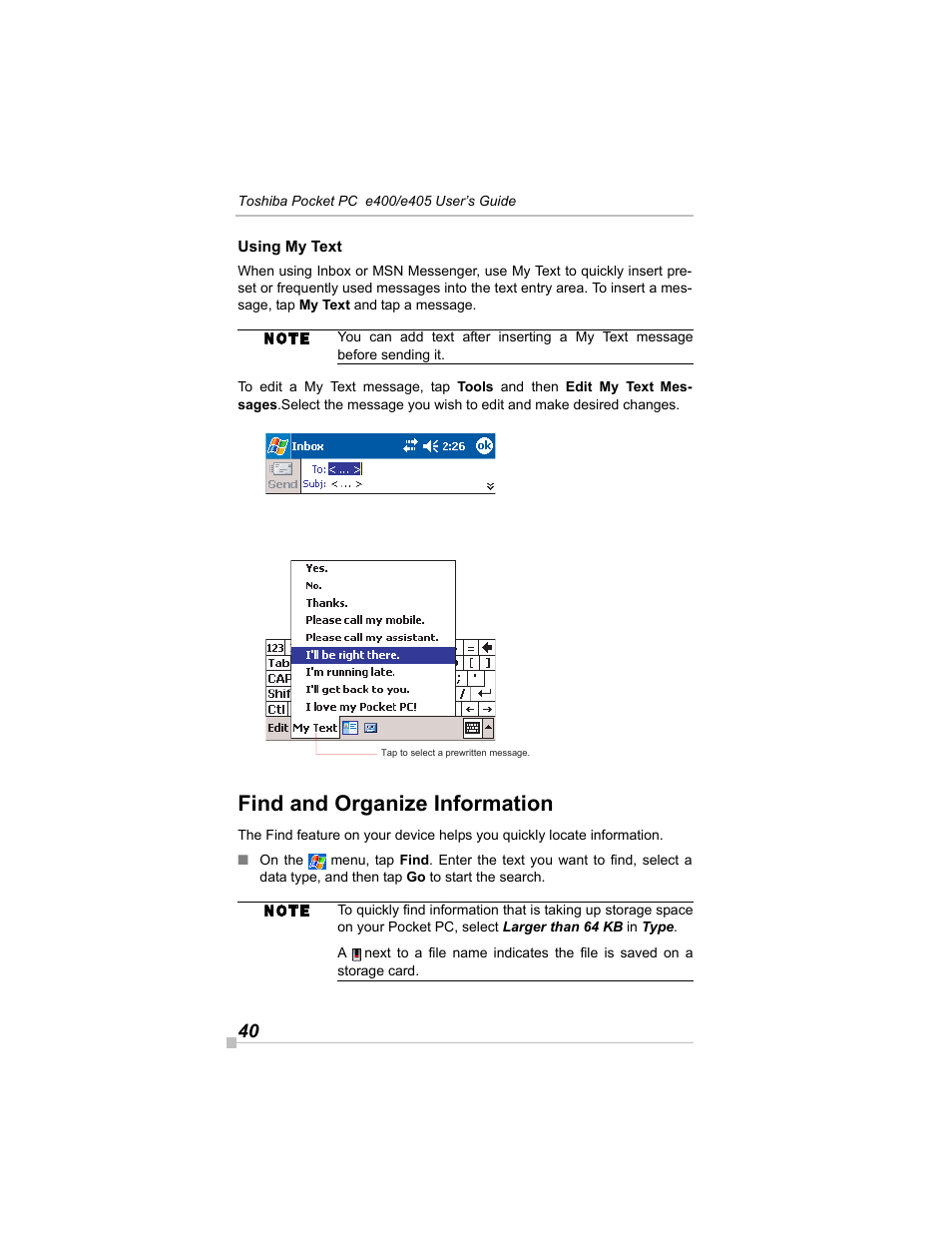 Using my text, Find and organize information | Toshiba e405 User Manual | Page 40 / 118