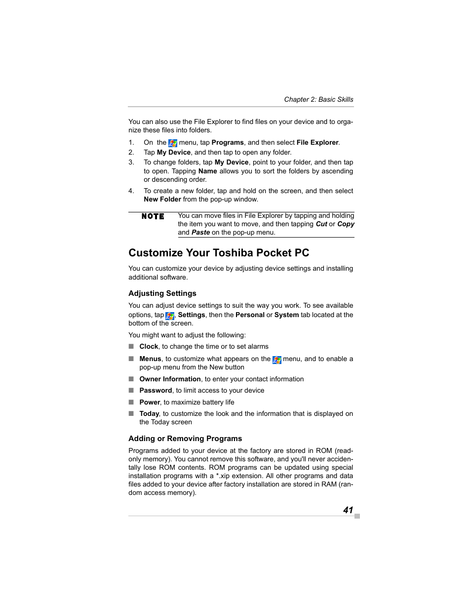 Customize your toshiba pocket pc, Adjusting settings, Adding or removing programs | Toshiba e405 User Manual | Page 41 / 118