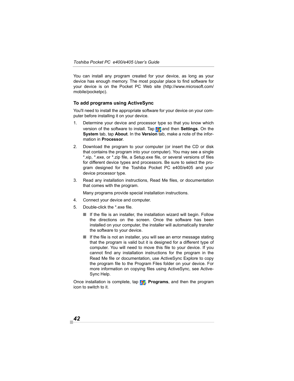 To add programs using activesync | Toshiba e405 User Manual | Page 42 / 118