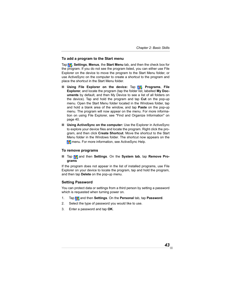 To add a program to the start menu, To remove programs, Setting password | Toshiba e405 User Manual | Page 43 / 118