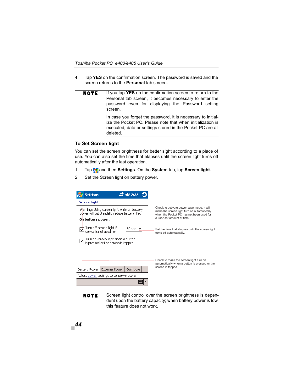 To set screen light | Toshiba e405 User Manual | Page 44 / 118