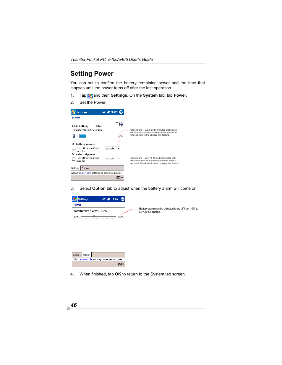 Setting power | Toshiba e405 User Manual | Page 46 / 118