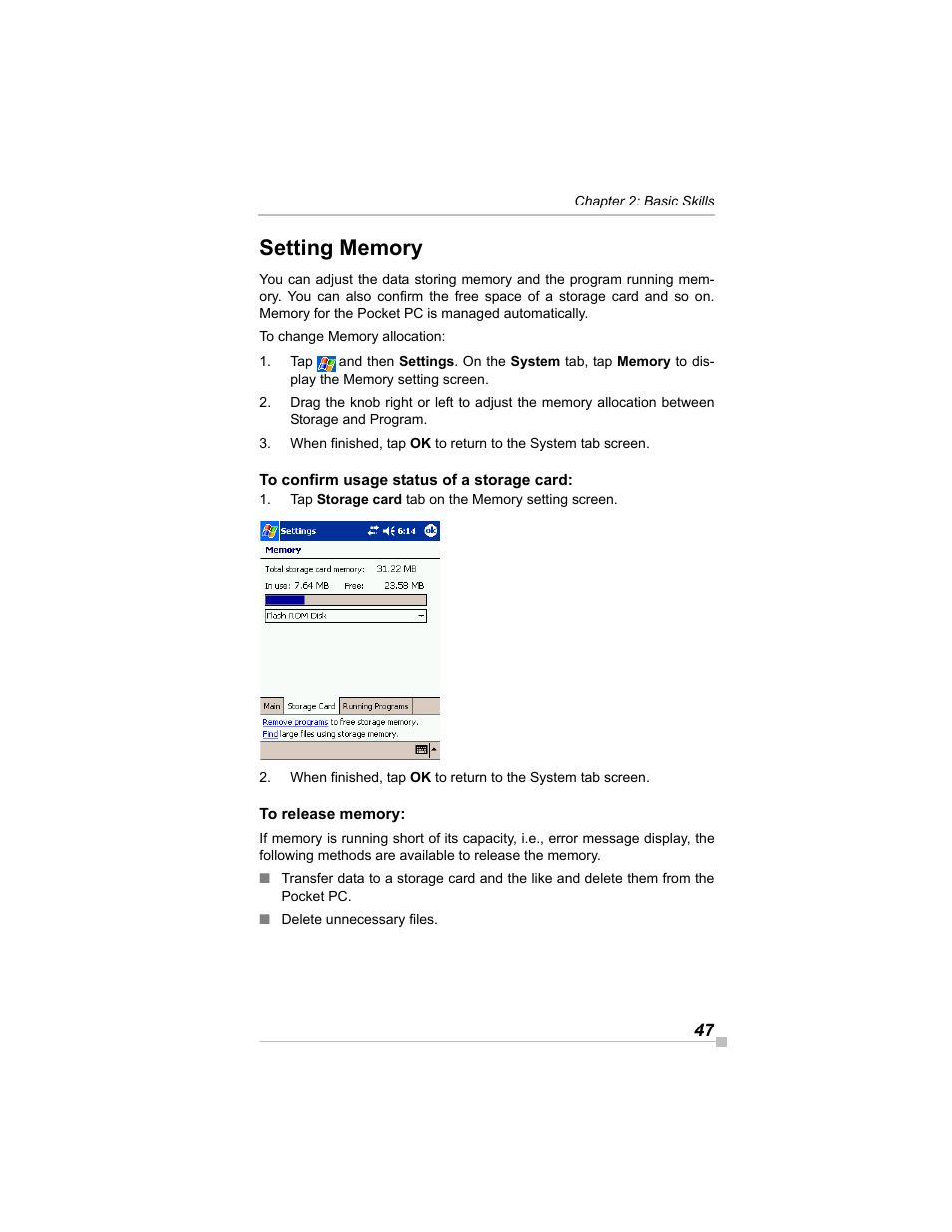 Setting memory, To confirm usage status of a storage card, To release memory | Toshiba e405 User Manual | Page 47 / 118