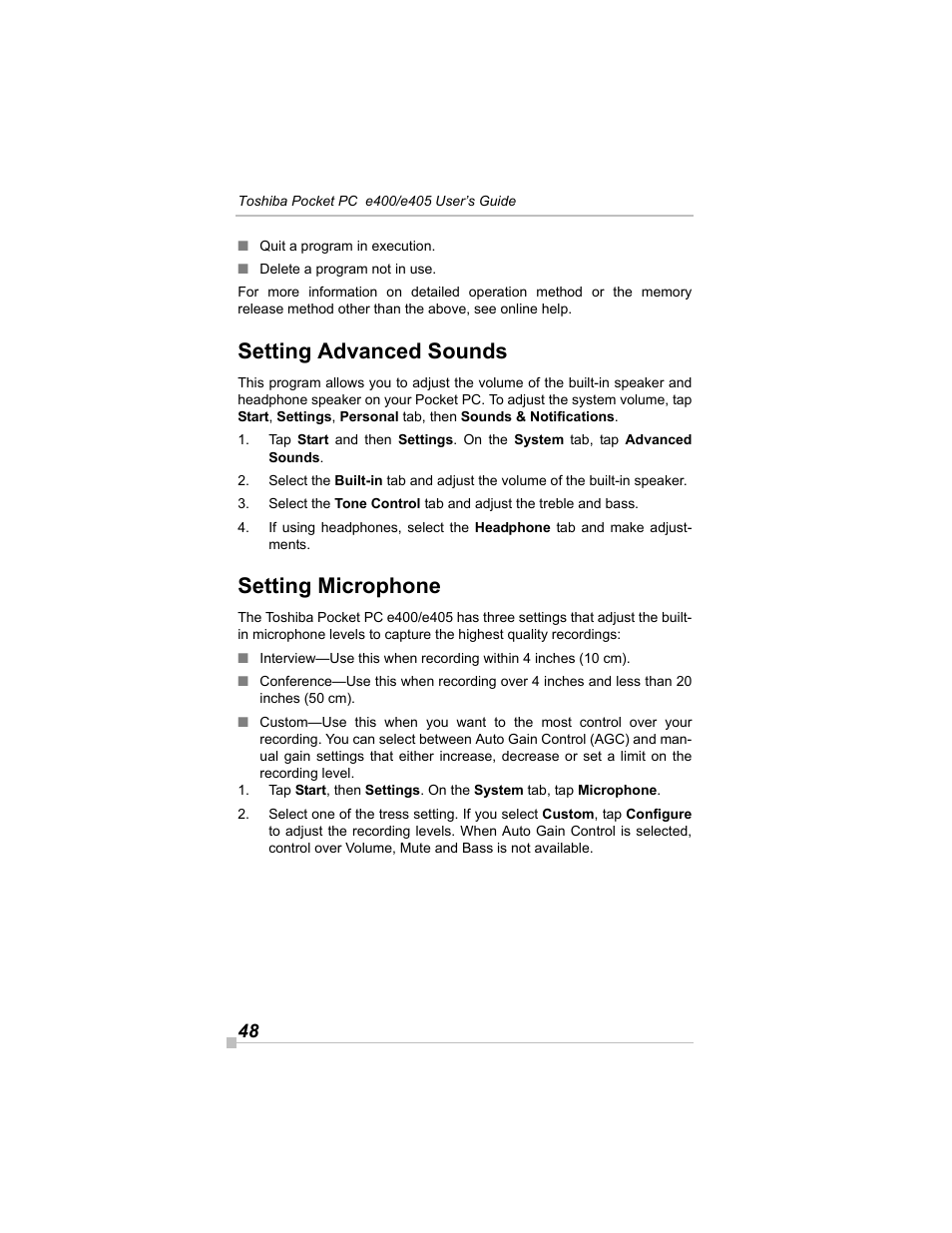 Setting advanced sounds, Setting microphone | Toshiba e405 User Manual | Page 48 / 118