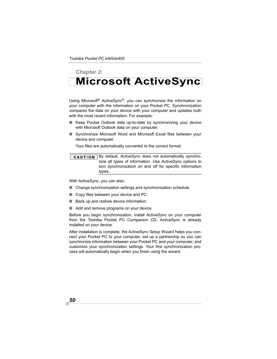 Chapter 3: microsoft activesync, Microsoft activesync | Toshiba e405 User Manual | Page 50 / 118