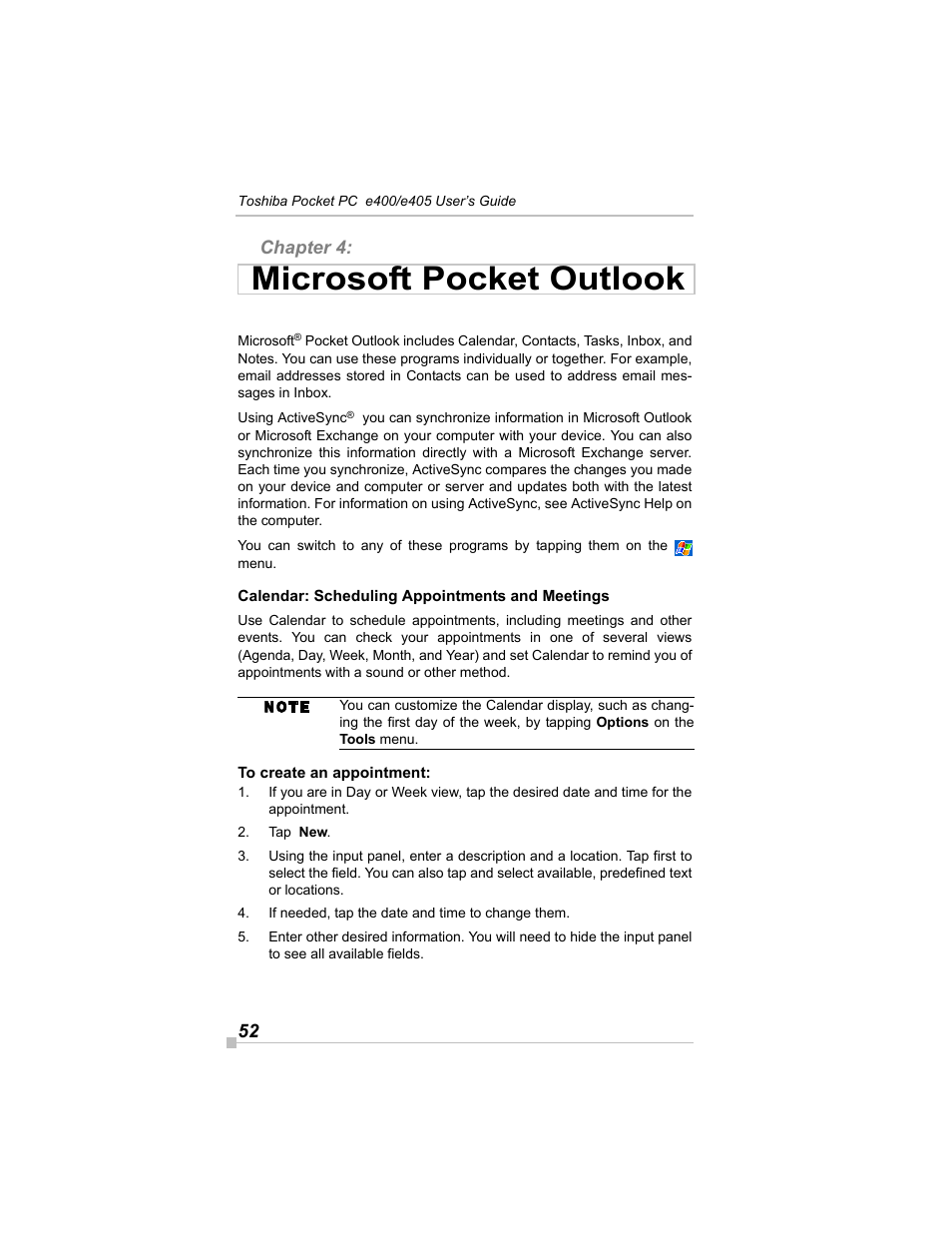 Chapter 4: microsoft pocket outlook, Calendar: scheduling appointments and meetings, To create an appointment | Microsoft pocket outlook | Toshiba e405 User Manual | Page 52 / 118