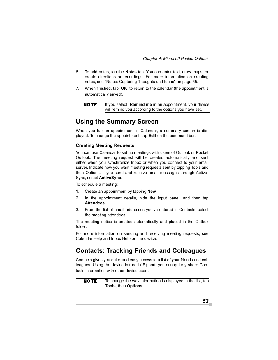 Using the summary screen, Creating meeting requests, Contacts: tracking friends and colleagues | Toshiba e405 User Manual | Page 53 / 118